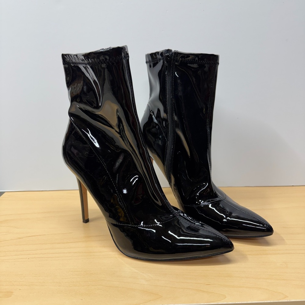 Mix No. 6 Black Patent Stiletto Ankle Boots, Size 10 M, Glossy Pointed 4.5" Heel
